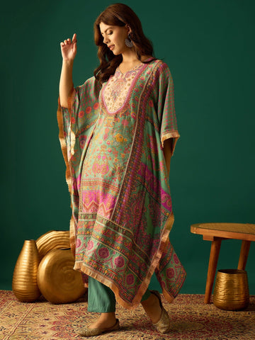 Kaftan-Style Kurta With A V-Neck, Paired With Solid Ankle-Length Trousers For A Relaxed Yet Elegant Look